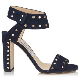 Jimmy Choo 'Veto 100' Navy Suede Sandals with Gold Studs